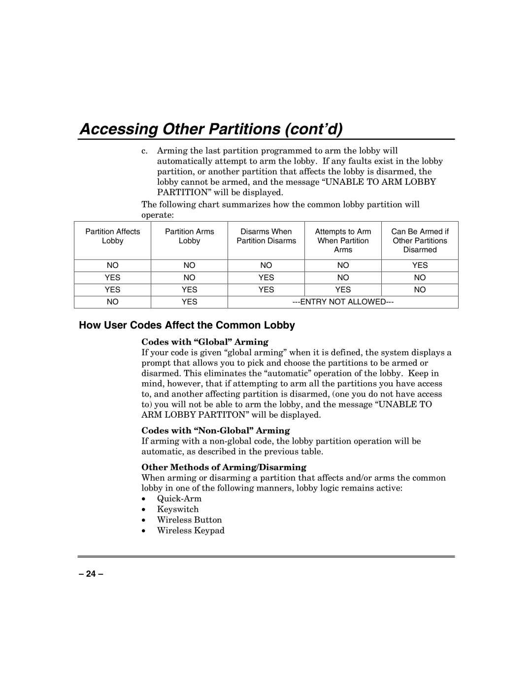 Honeywell VISTA-50PUL manual How User Codes Affect the Common Lobby, Codes with Global Arming, Codes with Non-Global Arming 