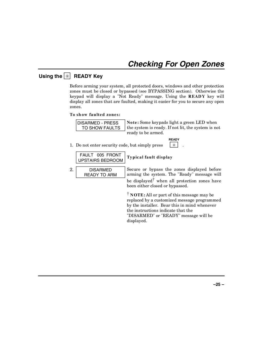 Honeywell VISTA-50PUL manual Checking For Open Zones, Using Ready Key, To show faulted zones, Typical fault display 