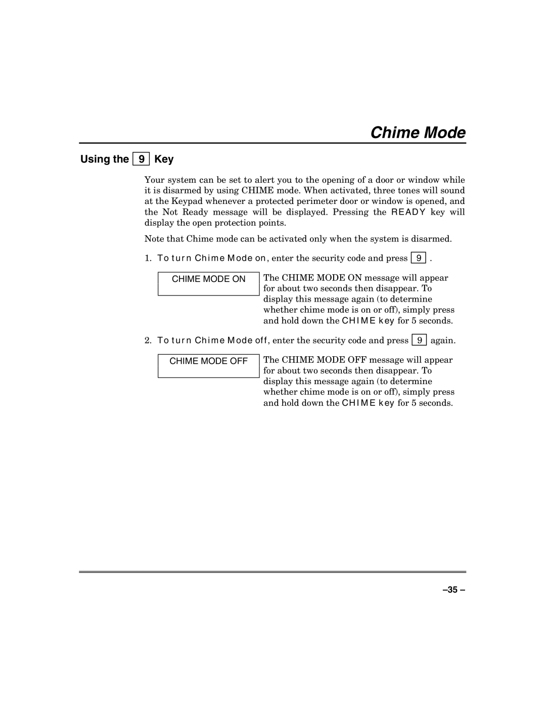 Honeywell VISTA-50PUL manual Using Key, Chime Mode on, Chime Mode OFF 