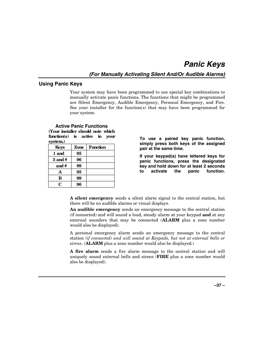 Honeywell VISTA-50PUL manual Using Panic Keys 