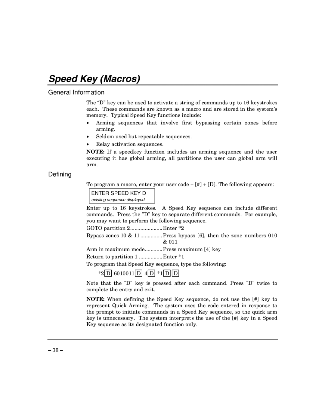 Honeywell VISTA-50PUL manual Speed Key Macros, Defining, Enter Speed KEY D 