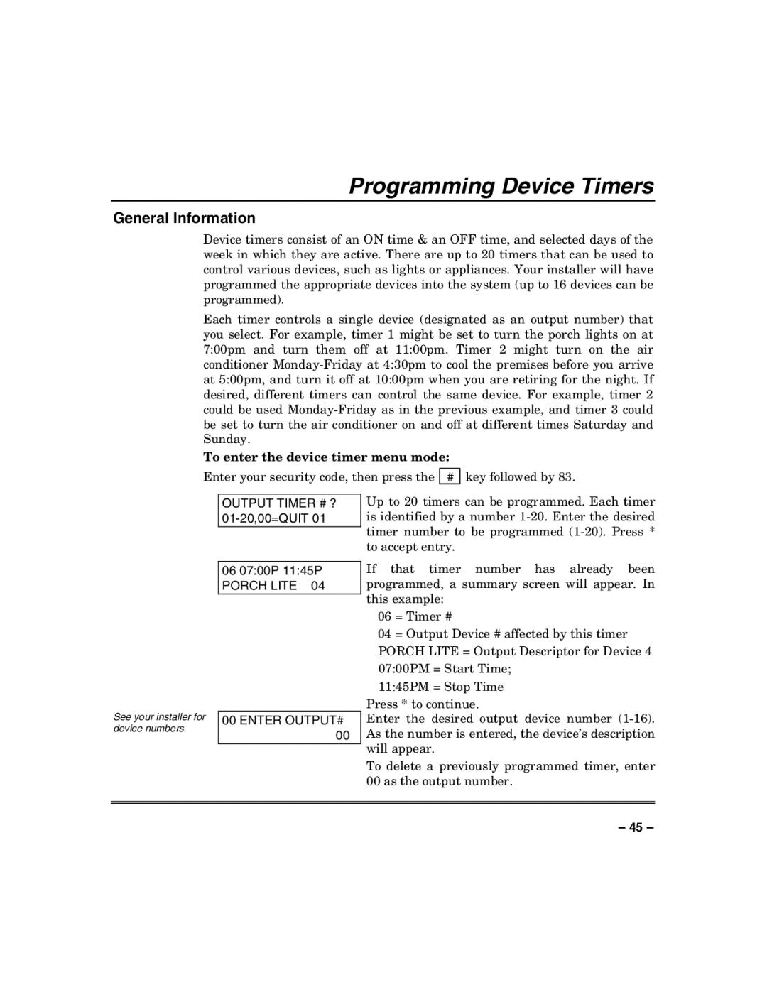 Honeywell VISTA-50PUL manual Programming Device Timers, To enter the device timer menu mode, Porch Lite Enter OUTPUT# 