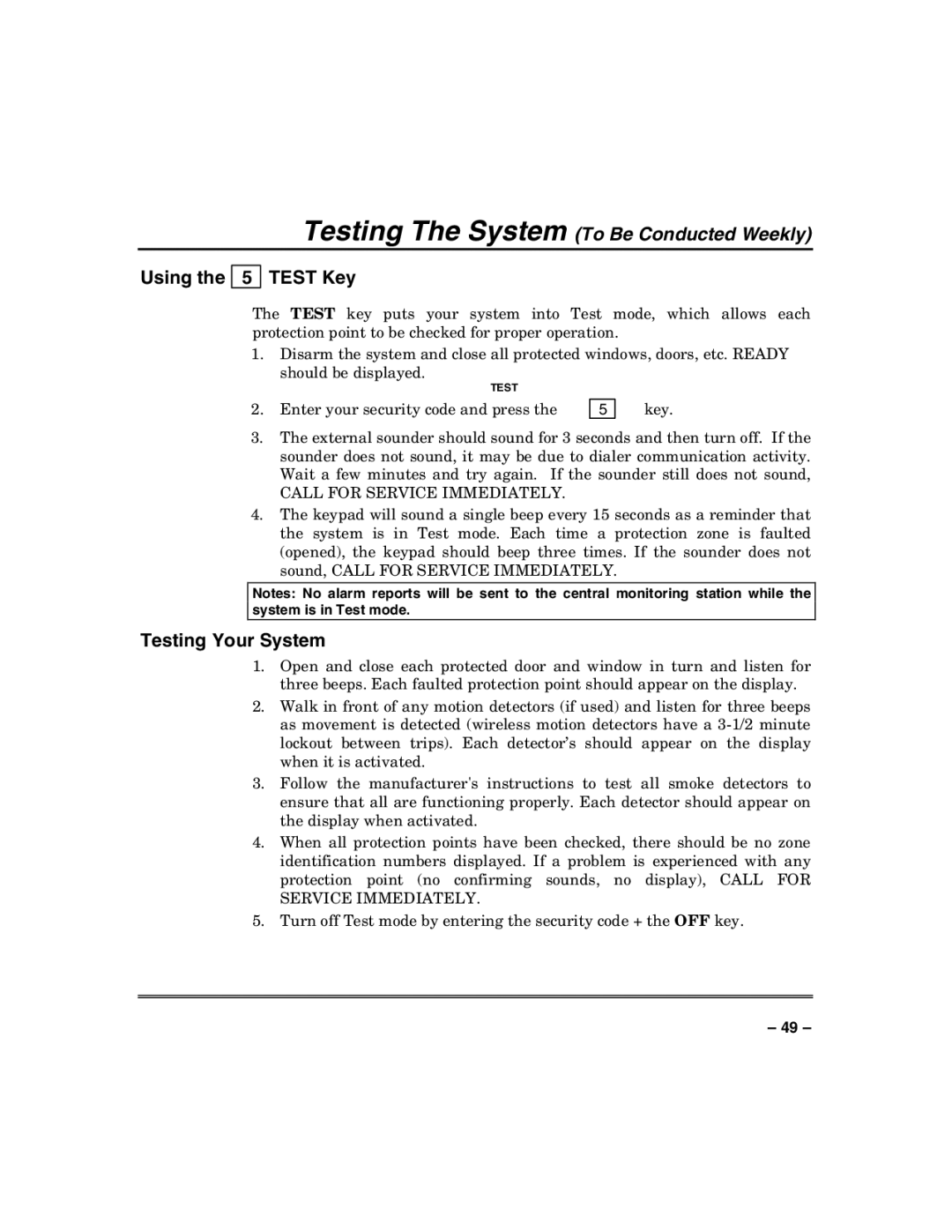 Honeywell VISTA-50PUL manual Using the 5 Test Key, Testing Your System 