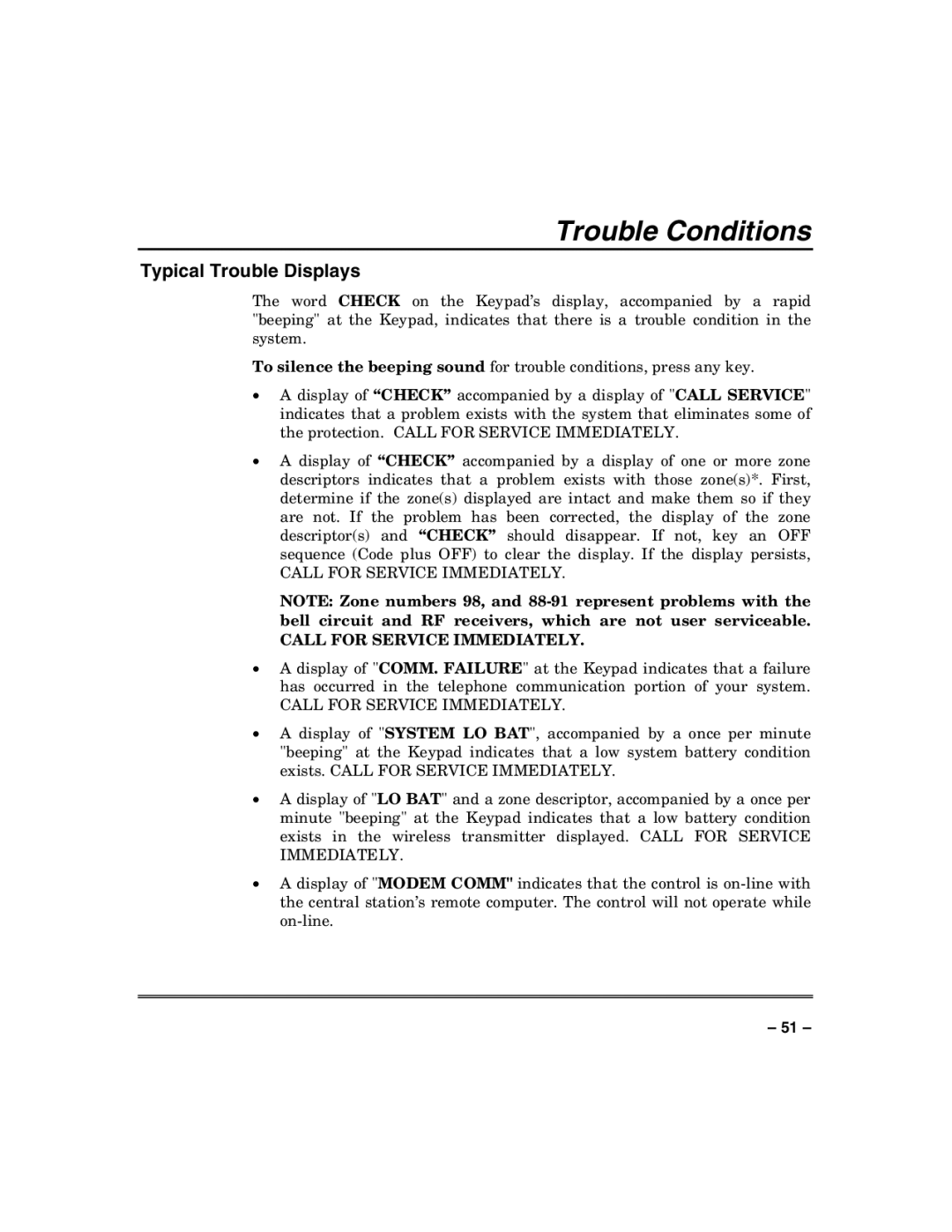 Honeywell VISTA-50PUL manual Trouble Conditions, Typical Trouble Displays 