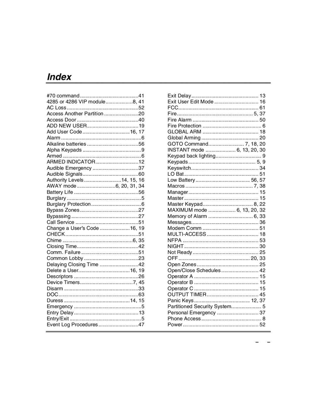 Honeywell VISTA-50PUL manual Index, Add User Code 