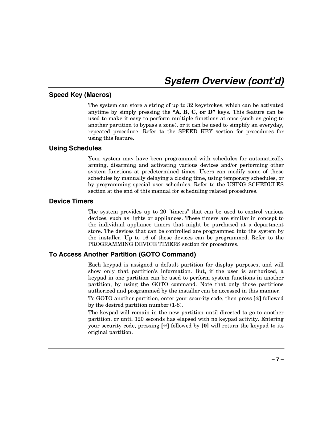 Honeywell VISTA-50P manual Speed Key Macros, Using Schedules, Device Timers, To Access Another Partition Goto Command 