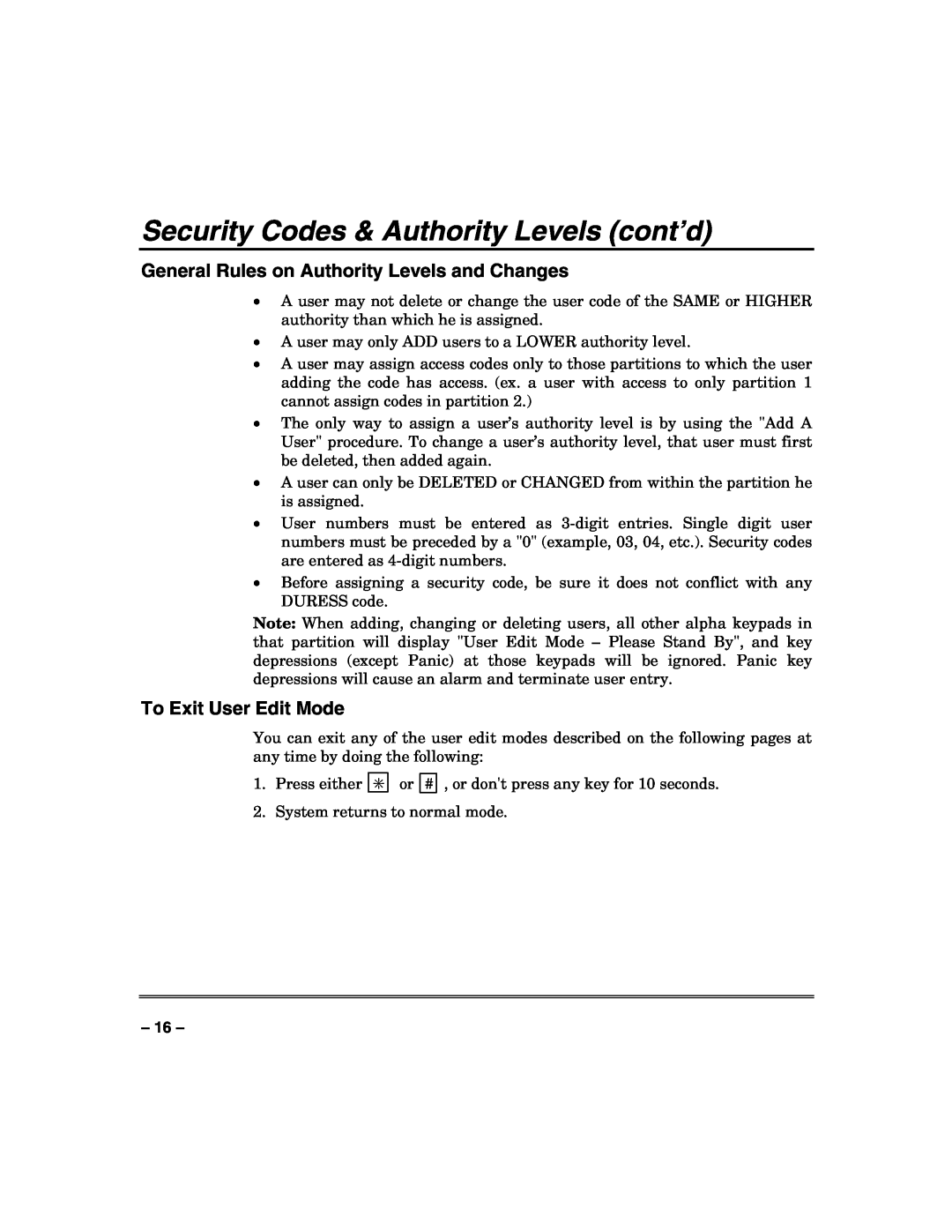 Honeywell VISTA-50PUL manual General Rules on Authority Levels and Changes, To Exit User Edit Mode 