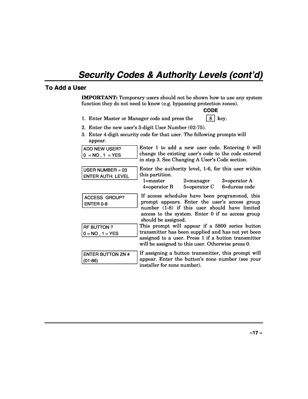 Honeywell VISTA-50PUL manual To Add a User, Security Codes & Authority Levels cont’d 