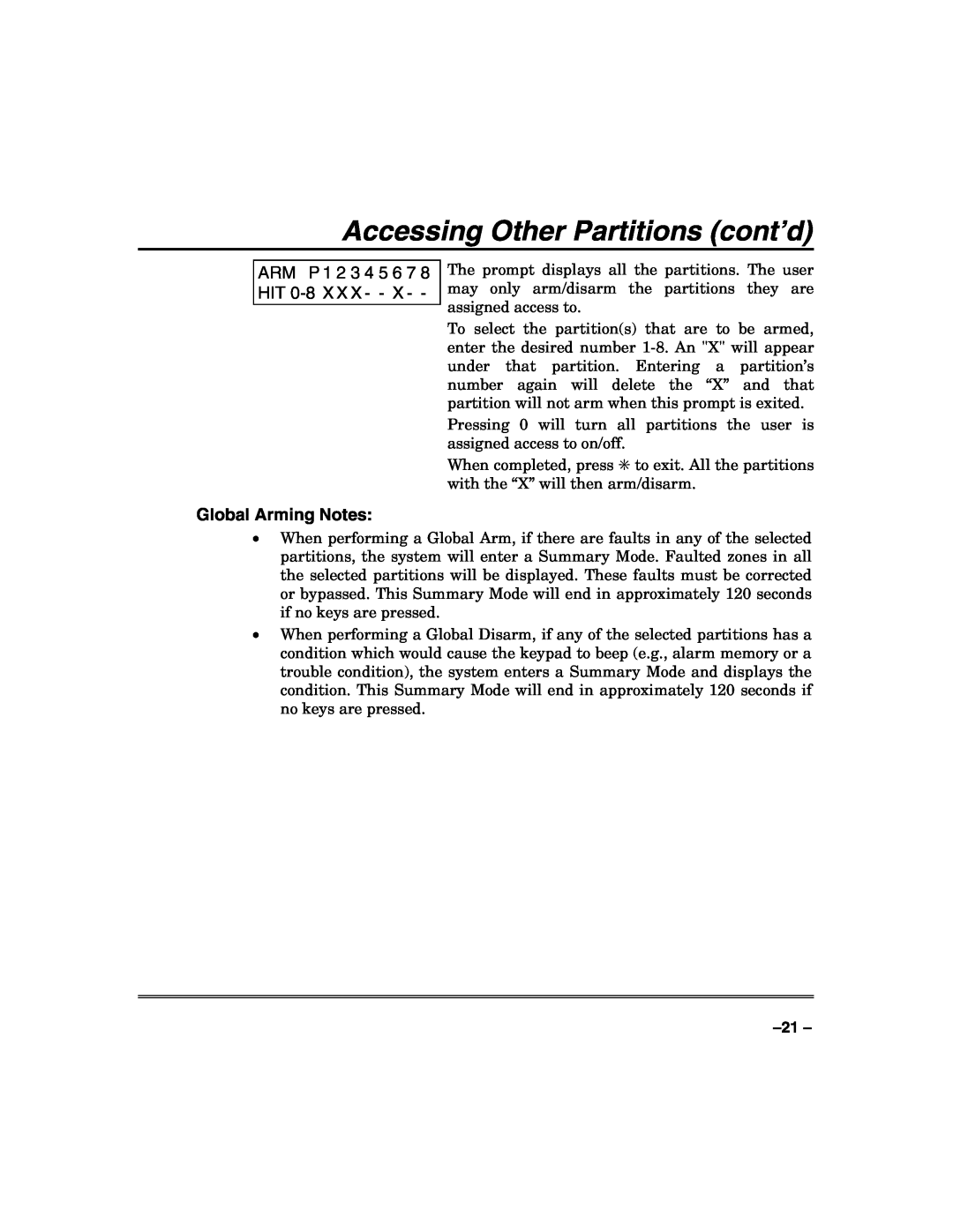 Honeywell VISTA-50PUL manual Accessing Other Partitions cont’d, Global Arming Notes 