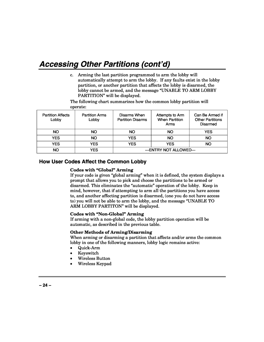 Honeywell VISTA-50PUL manual How User Codes Affect the Common Lobby, Accessing Other Partitions cont’d 