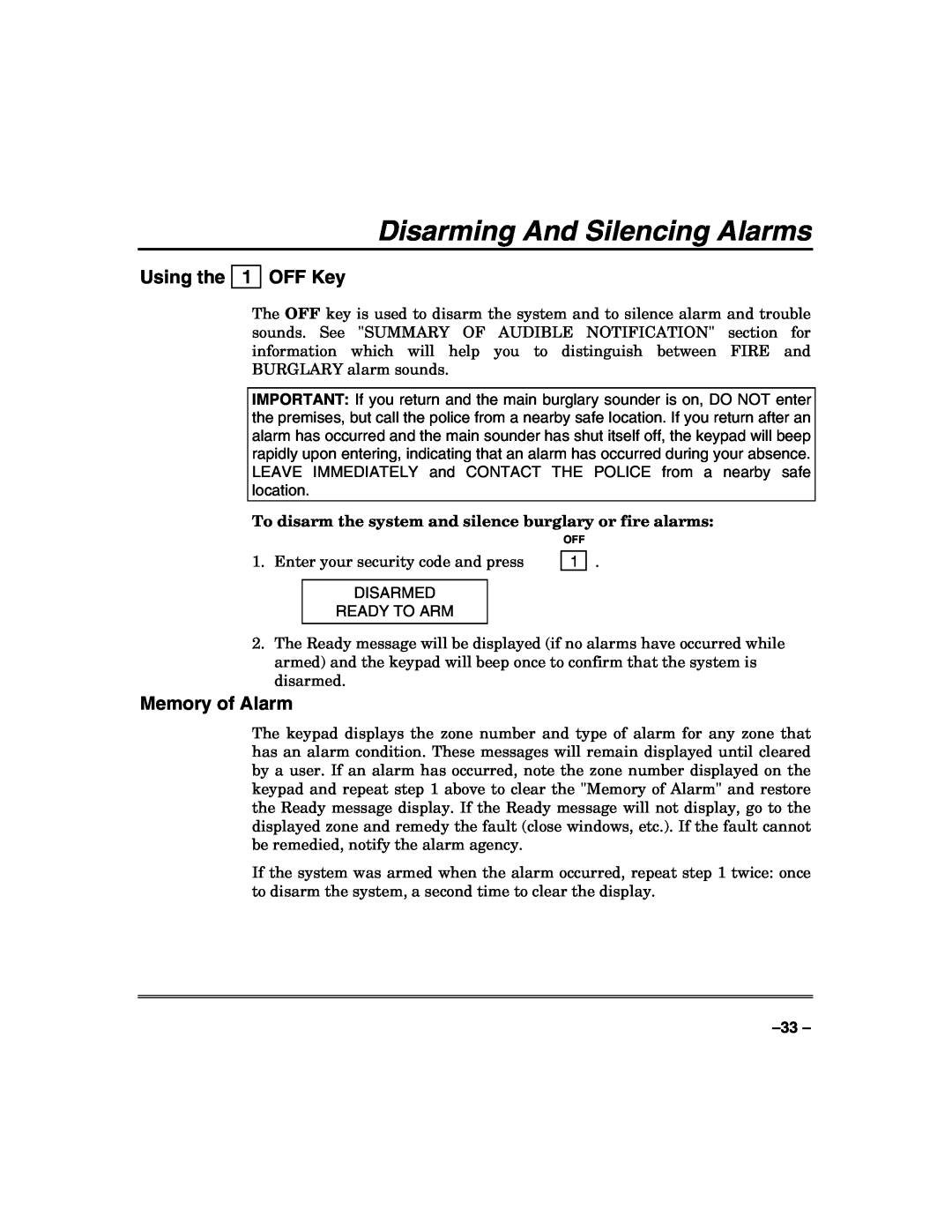 Honeywell VISTA-50PUL manual Disarming And Silencing Alarms, Using the 1 OFF Key, Memory of Alarm 