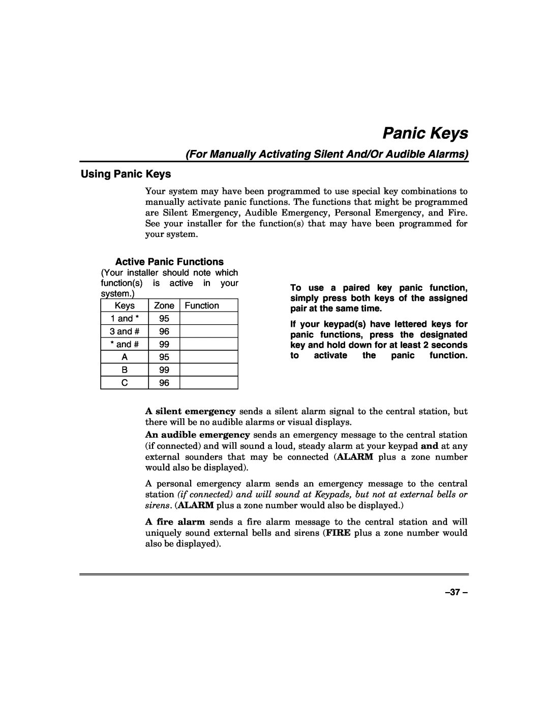 Honeywell VISTA-50PUL manual Using Panic Keys, Active Panic Functions 