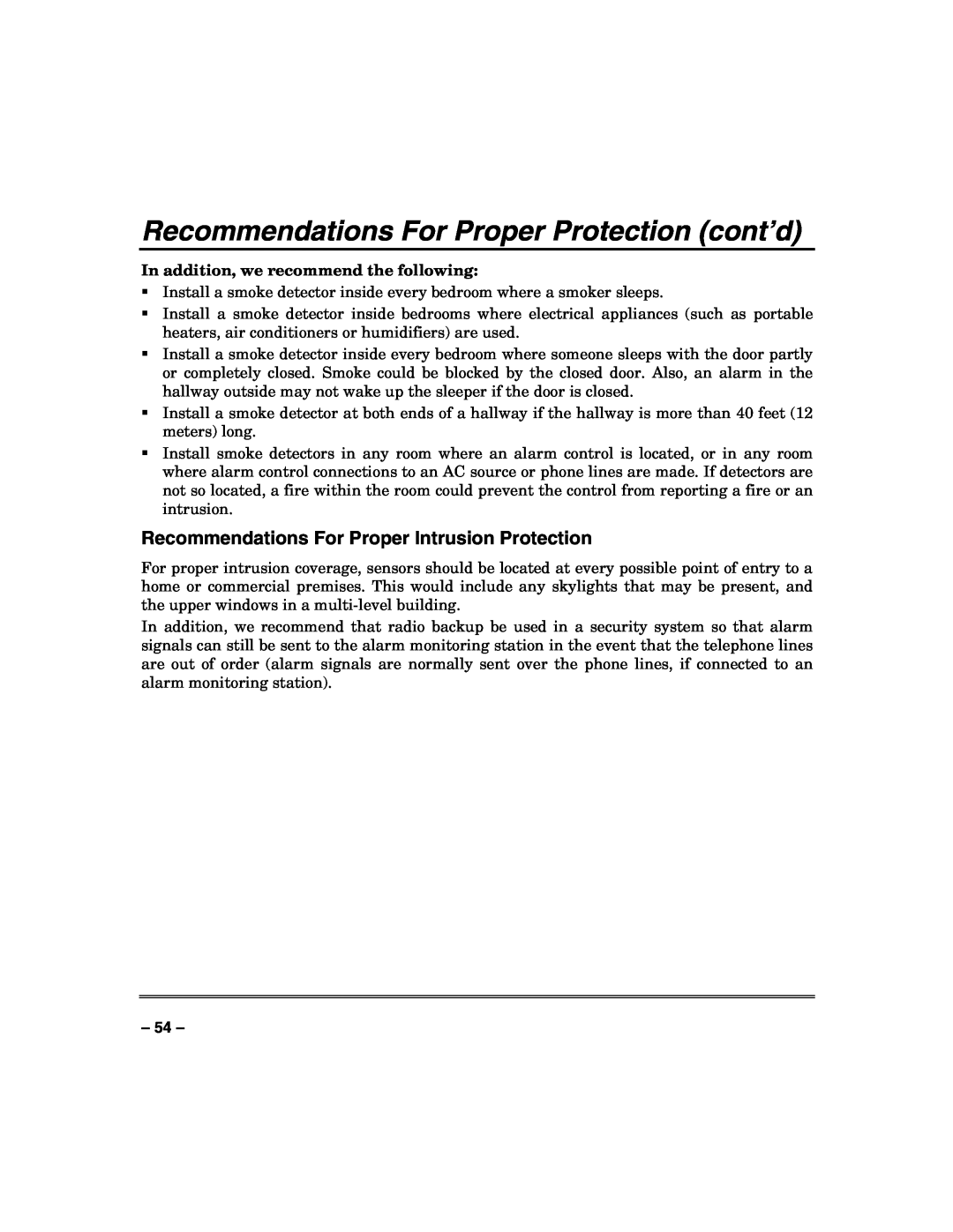 Honeywell VISTA-50PUL manual Recommendations For Proper Protection cont’d, Recommendations For Proper Intrusion Protection 