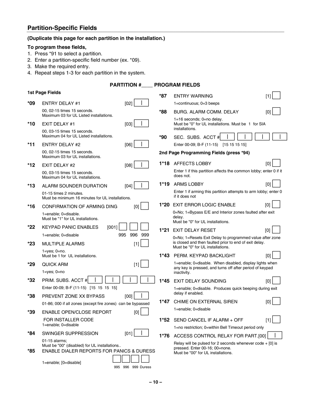 Honeywell Vista-50P/Vista-50PUL manual Partition-Specific Fields, 1st Page Fields, 2nd Page Programming Fields press *94 