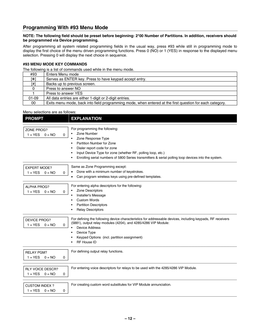 Honeywell Vista-50P/Vista-50PUL manual Programming With #93 Menu Mode, #93 Menu Mode KEY Commands 