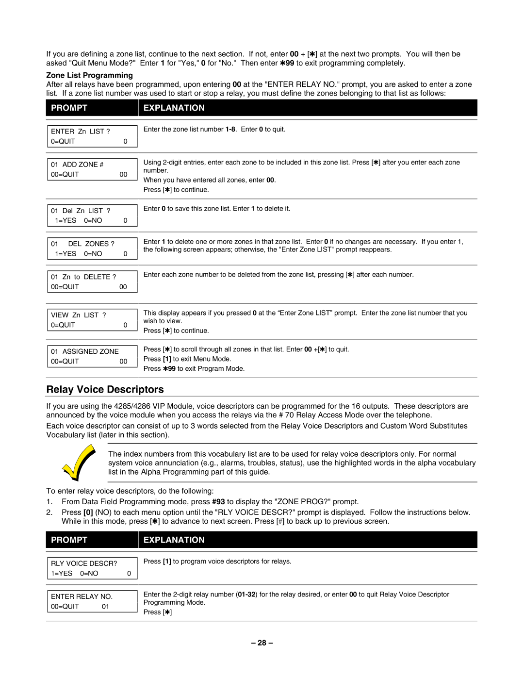 Honeywell Vista-50P/Vista-50PUL manual Relay Voice Descriptors, Zone List Programming 