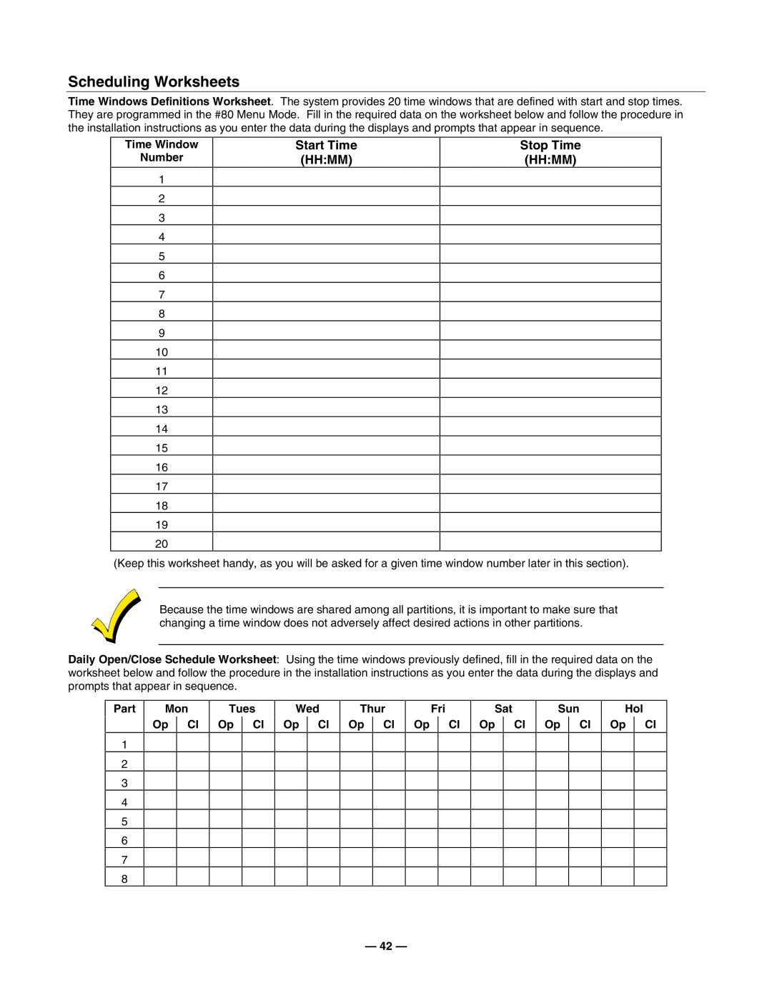 Honeywell Vista-50P/Vista-50PUL manual Scheduling Worksheets, Start Time, Stop Time, Time Window Number 