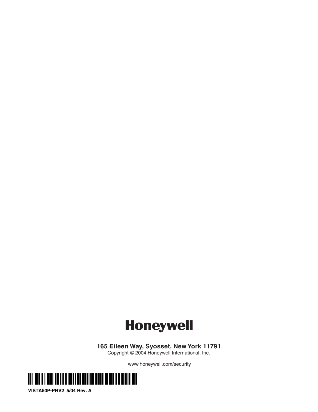 Honeywell Vista-50P/Vista-50PUL manual Eileen Way, Syosset, New York, VISTA50P-PRV2 5/04 Rev. a 