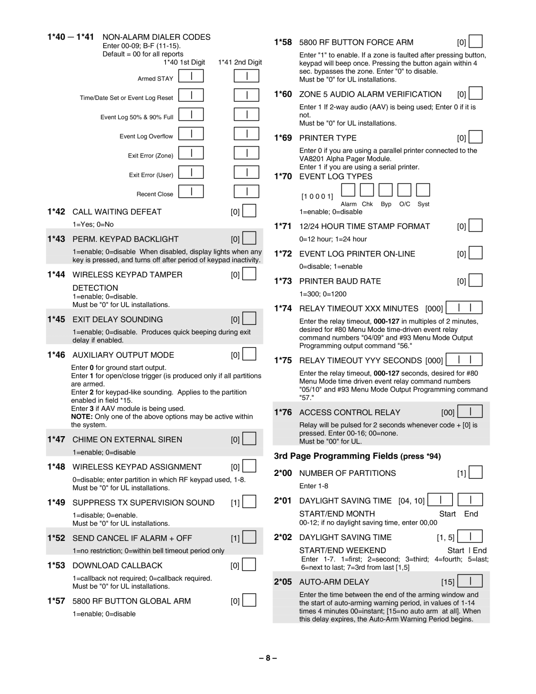 Honeywell Vista-50P/Vista-50PUL manual 3rd Page Programming Fields press *94 