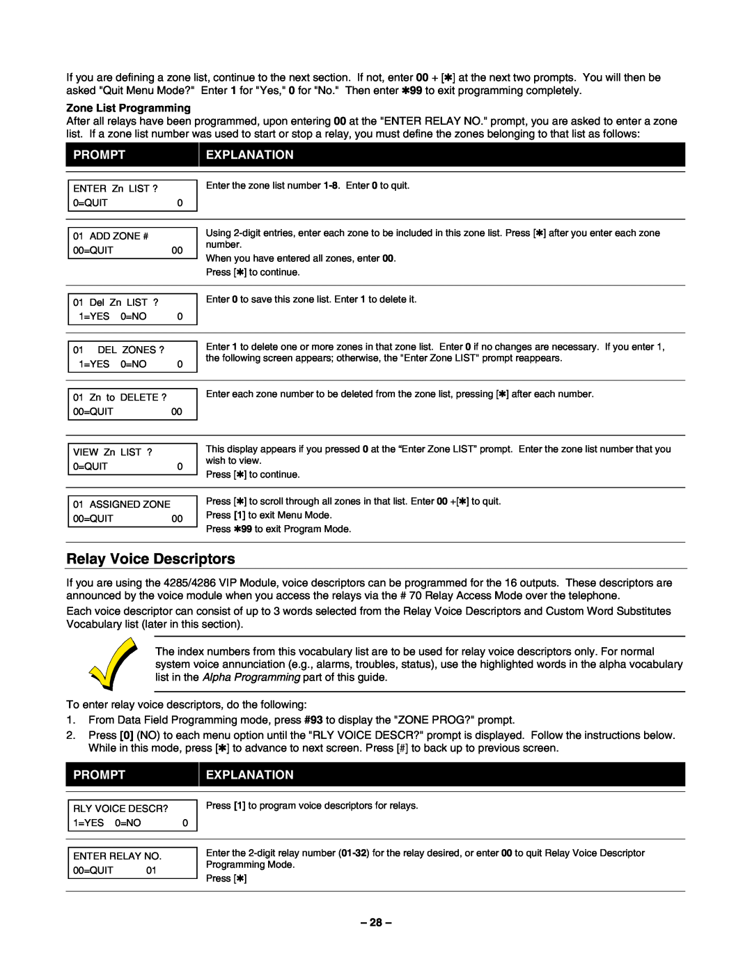 Honeywell Vista-50P/Vista-50PUL manual Relay Voice Descriptors, Promptexplanation, Zone List Programming 