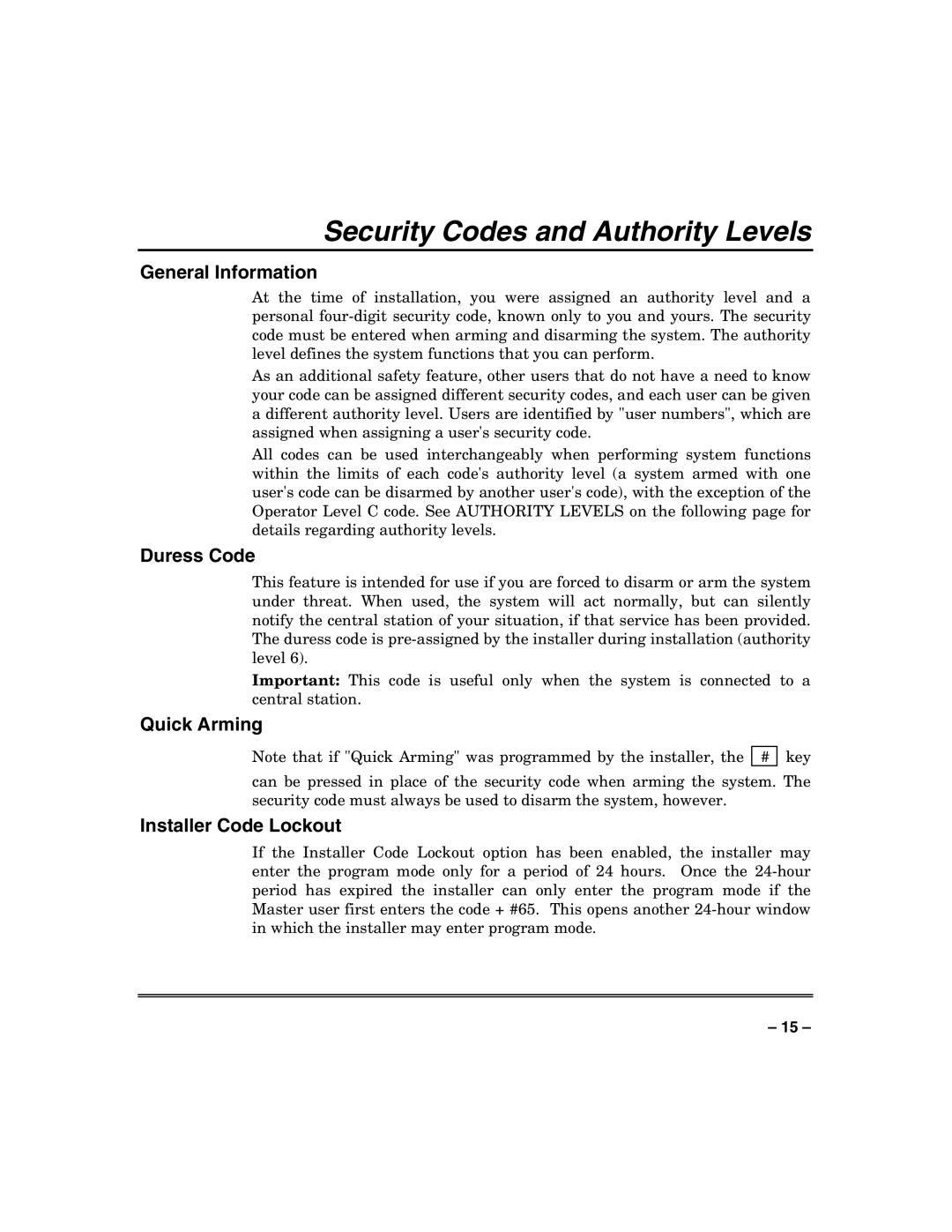 Honeywell VISTA250BPT, VISTA128BPT Security Codes and Authority Levels, Duress Code, Quick Arming, Installer Code Lockout 