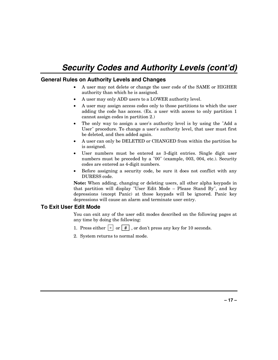 Honeywell 128BPTSIA, VISTA250BPT, VISTA128BPT manual General Rules on Authority Levels and Changes, To Exit User Edit Mode 