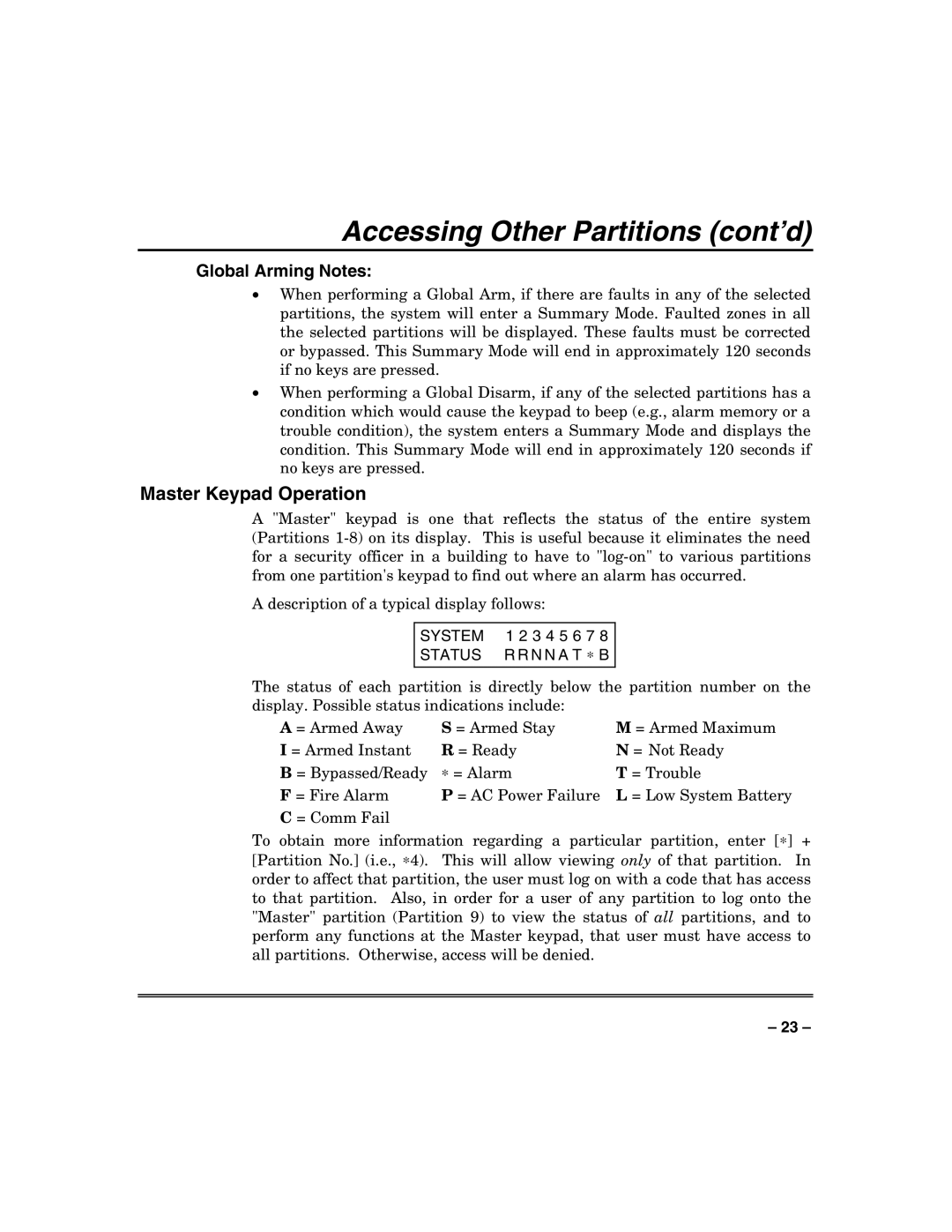 Honeywell 128BPTSIA, VISTA250BPT, VISTA128BPT manual Accessing Other Partitions cont’d, System, Status 