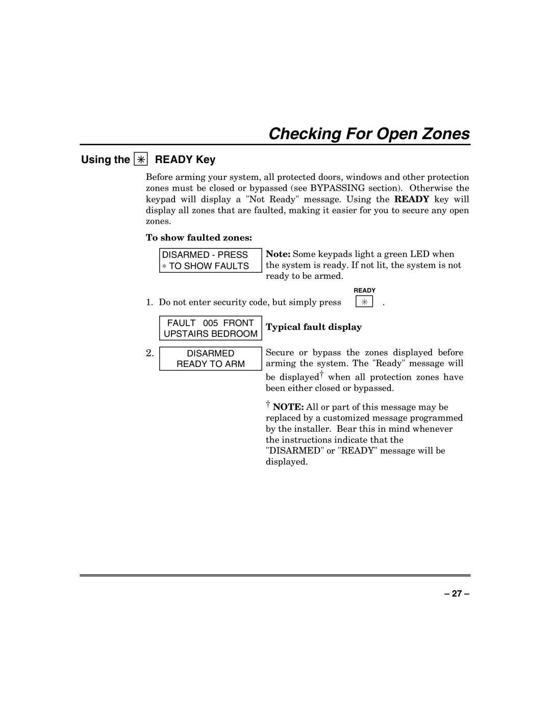 Honeywell VISTA250BPT, VISTA128BPT Checking For Open Zones, Using Ready Key, To show faulted zones, Typical fault display 