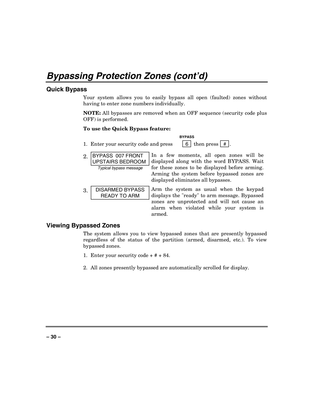 Honeywell VISTA250BPT, VISTA128BPT, 128BPTSIA manual Bypassing Protection Zones cont’d, Quick Bypass, Viewing Bypassed Zones 