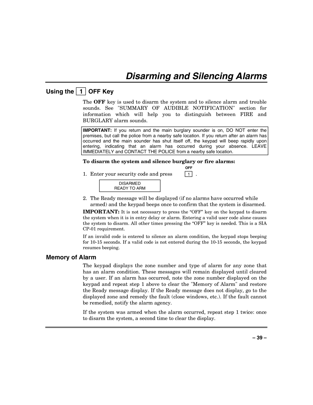 Honeywell VISTA250BPT, VISTA128BPT, 128BPTSIA manual Disarming and Silencing Alarms, Using the 1 OFF Key 