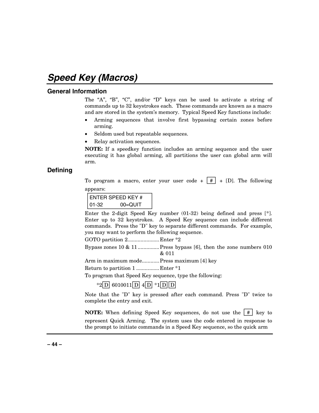 Honeywell 128BPTSIA, VISTA250BPT, VISTA128BPT manual Speed Key Macros, Defining, Enter Speed KEY # 