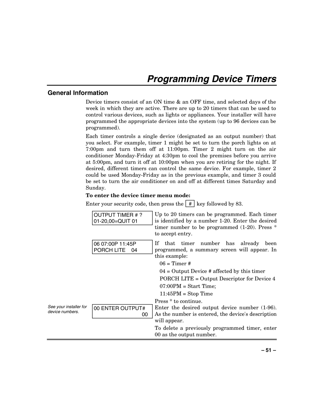 Honeywell VISTA250BPT, 128BPTSIA Programming Device Timers, To enter the device timer menu mode, Porch Lite Enter OUTPUT# 