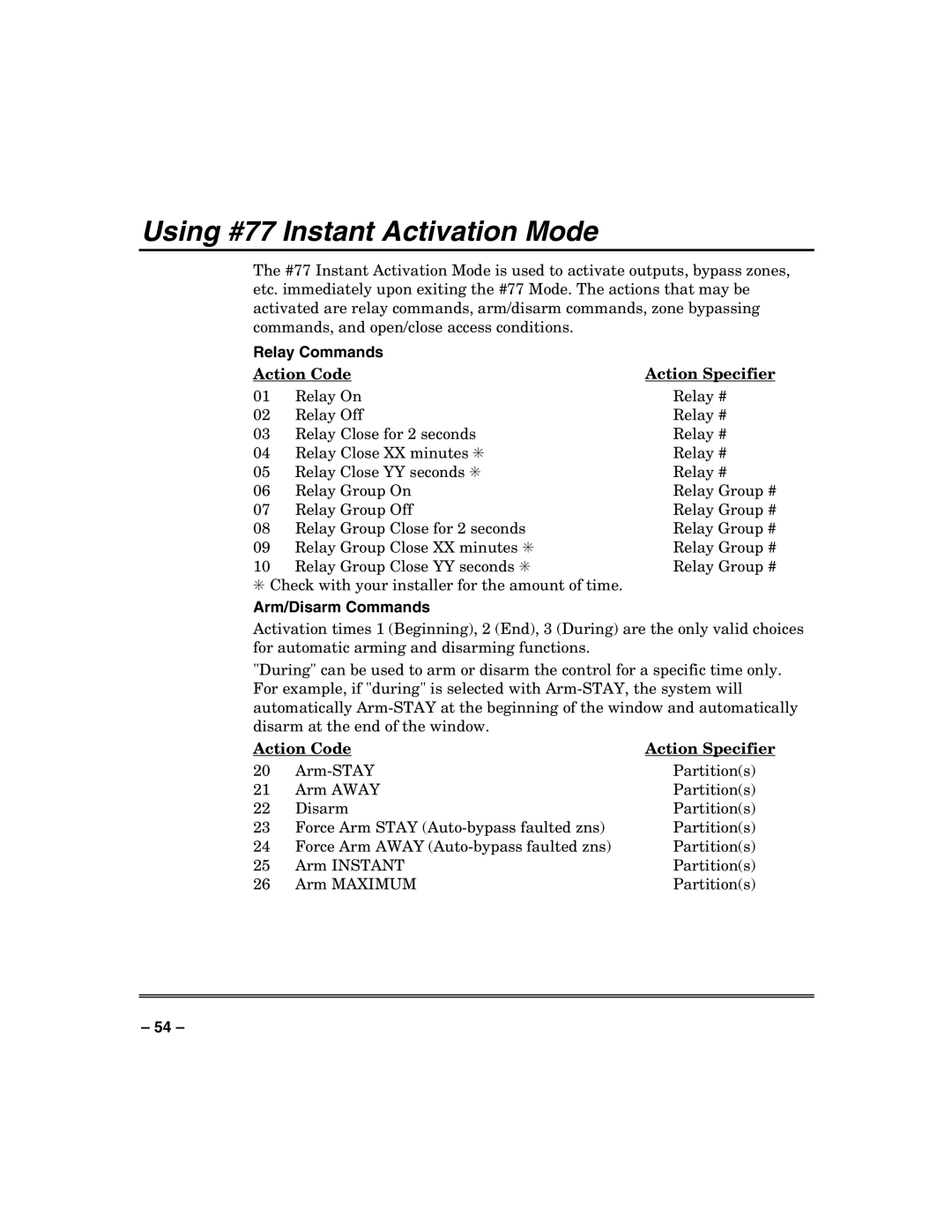 Honeywell VISTA250BPT, VISTA128BPT, 128BPTSIA manual Using #77 Instant Activation Mode, Action Code Action Specifier 