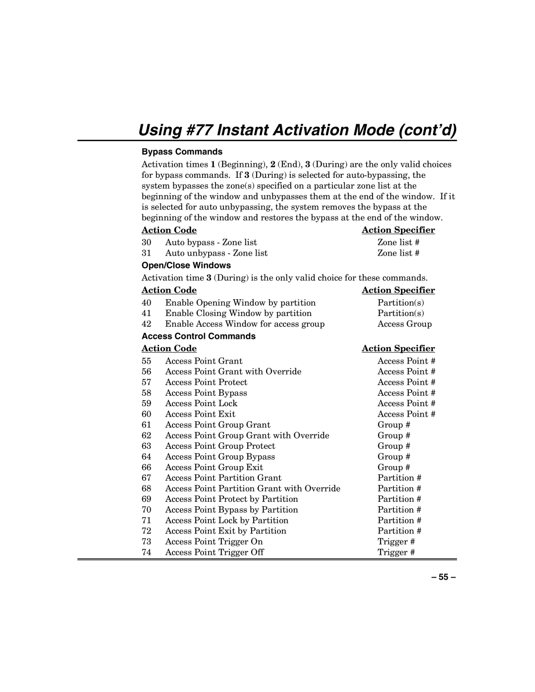 Honeywell VISTA128BPT, VISTA250BPT, 128BPTSIA manual Using #77 Instant Activation Mode cont’d, Bypass Commands 