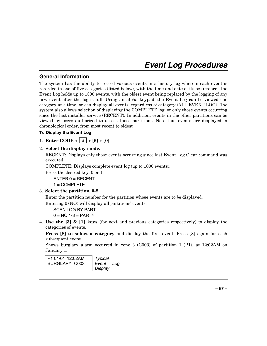 Honeywell VISTA250BPT Event Log Procedures, Enter Code + # + 6 + Select the display mode, Enter 0 = Recent = Complete 