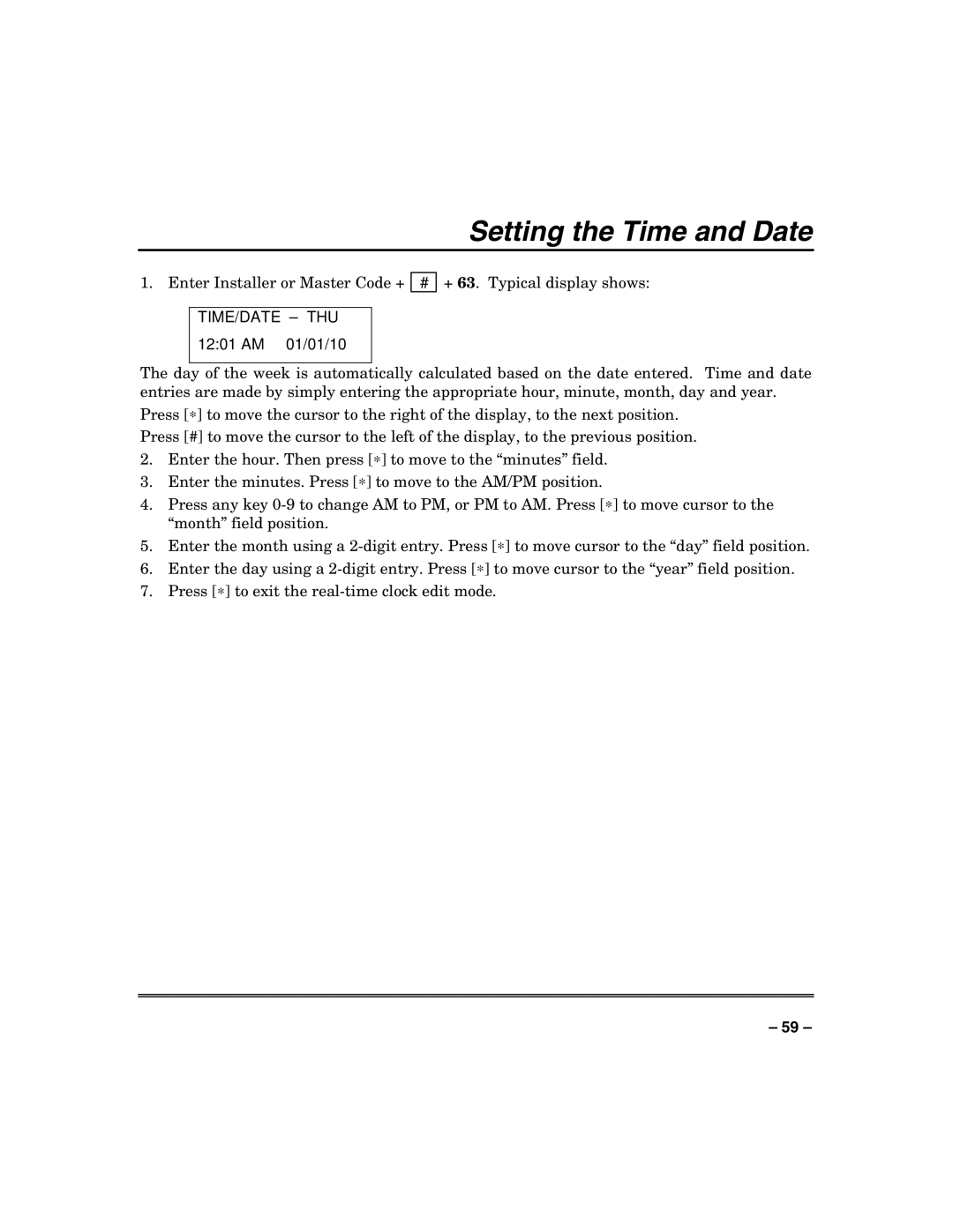 Honeywell 128BPTSIA, VISTA250BPT, VISTA128BPT manual Setting the Time and Date, Time/Date Thu 