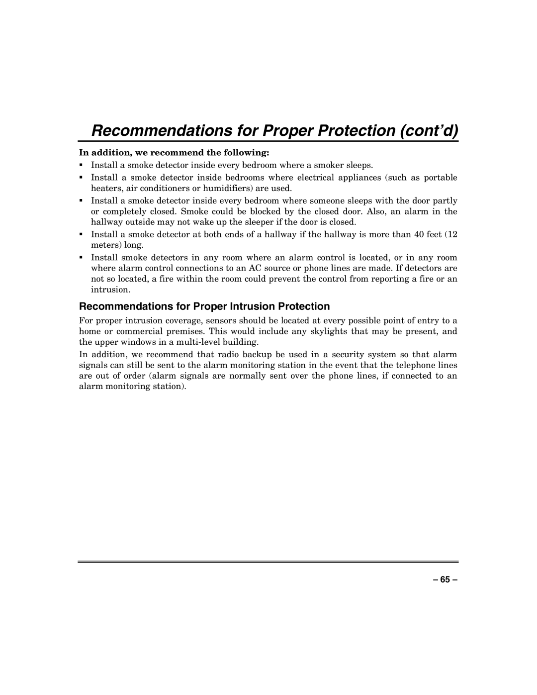 Honeywell 128BPTSIA manual Recommendations for Proper Protection cont’d, Recommendations for Proper Intrusion Protection 