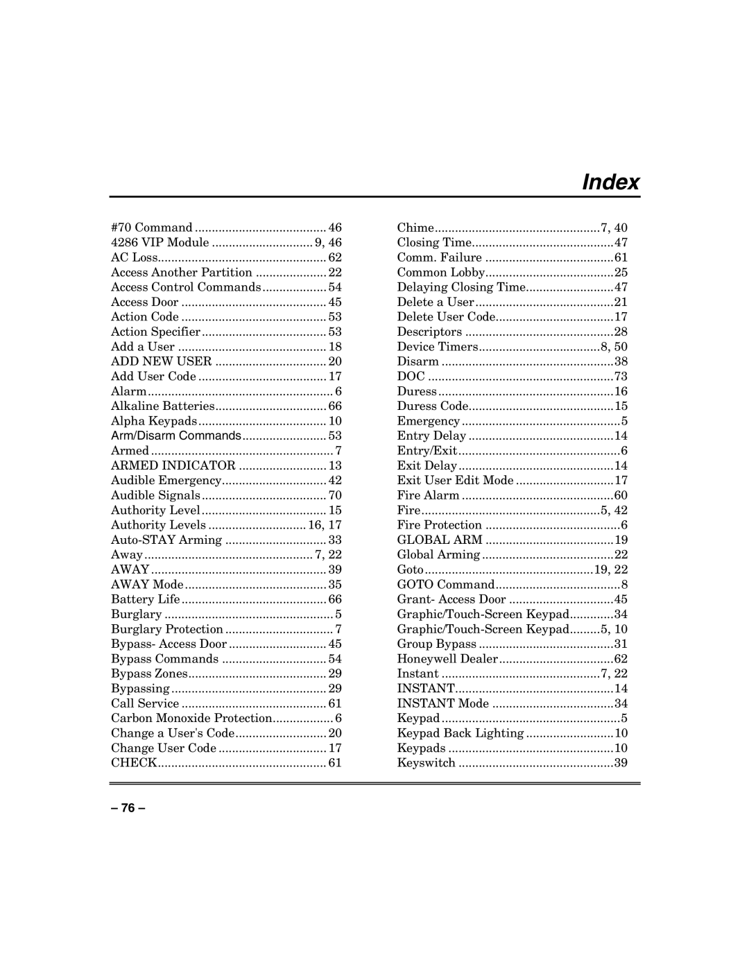 Honeywell VISTA128BPT, VISTA250BPT, 128BPTSIA manual Index, Away 