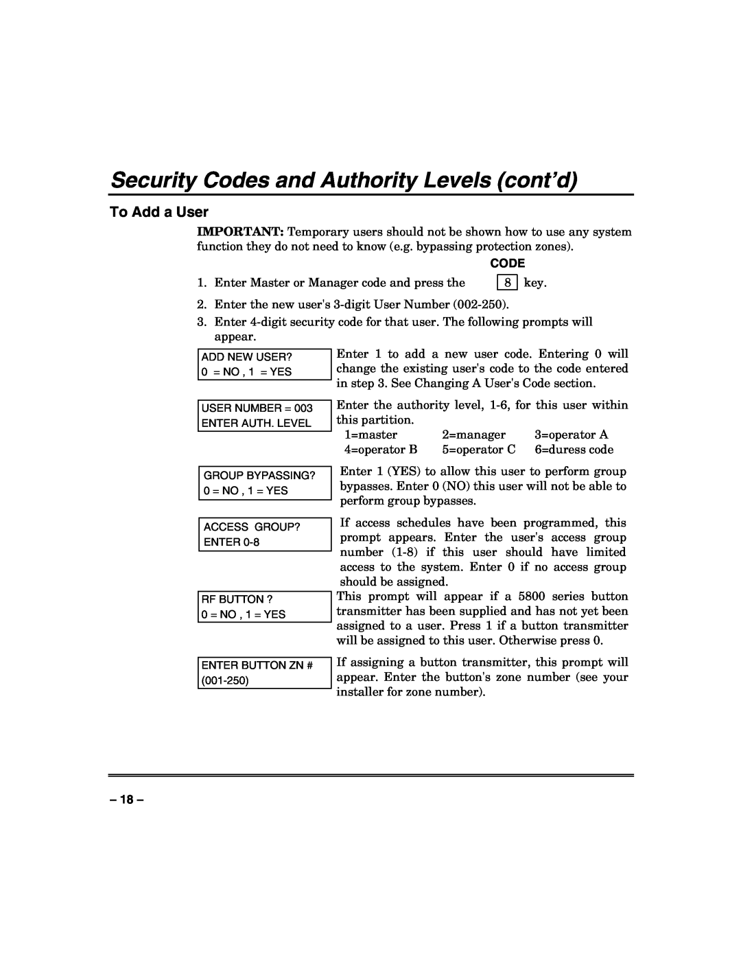 Honeywell VISTA250BPT, VISTA128BPT, 128BPTSIA manual To Add a User, Security Codes and Authority Levels cont’d 