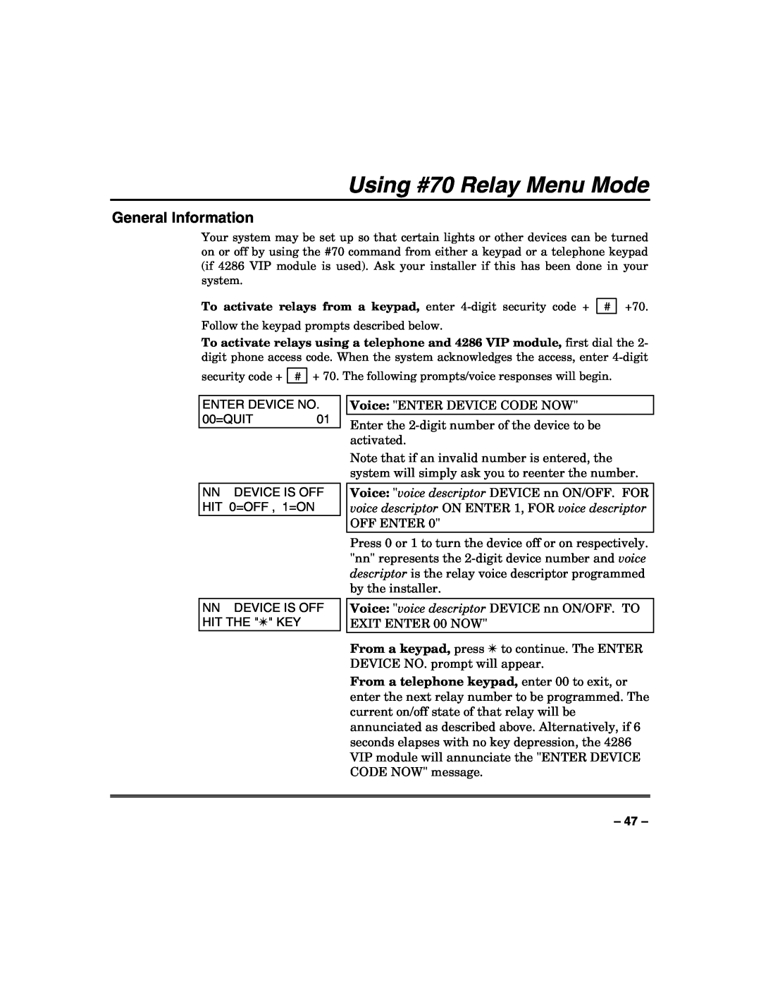 Honeywell 128BPTSIA, VISTA250BPT, VISTA128BPT manual Using #70 Relay Menu Mode, General Information 