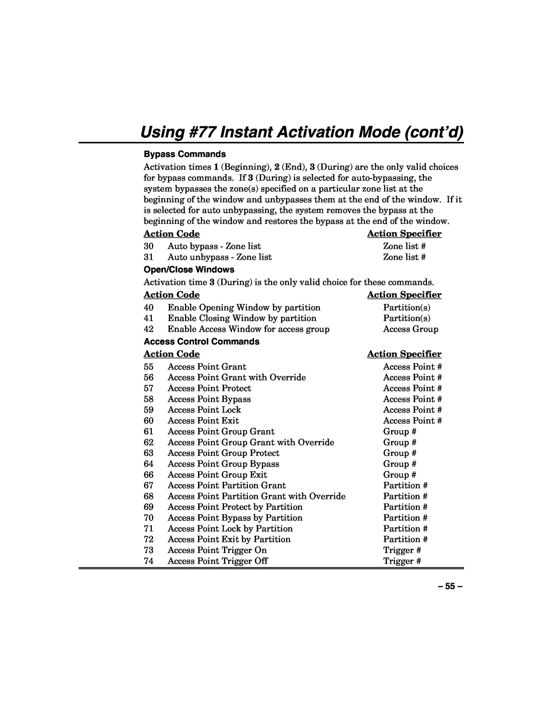 Honeywell VISTA128BPT, VISTA250BPT, 128BPTSIA manual Using #77 Instant Activation Mode cont’d, Action Code, Action Specifier 