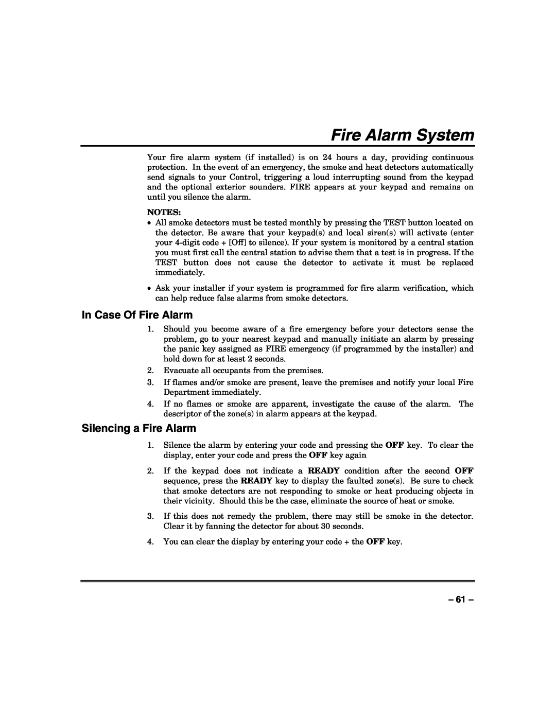 Honeywell VISTA128BPT, VISTA250BPT, 128BPTSIA manual Fire Alarm System, In Case Of Fire Alarm, Silencing a Fire Alarm 