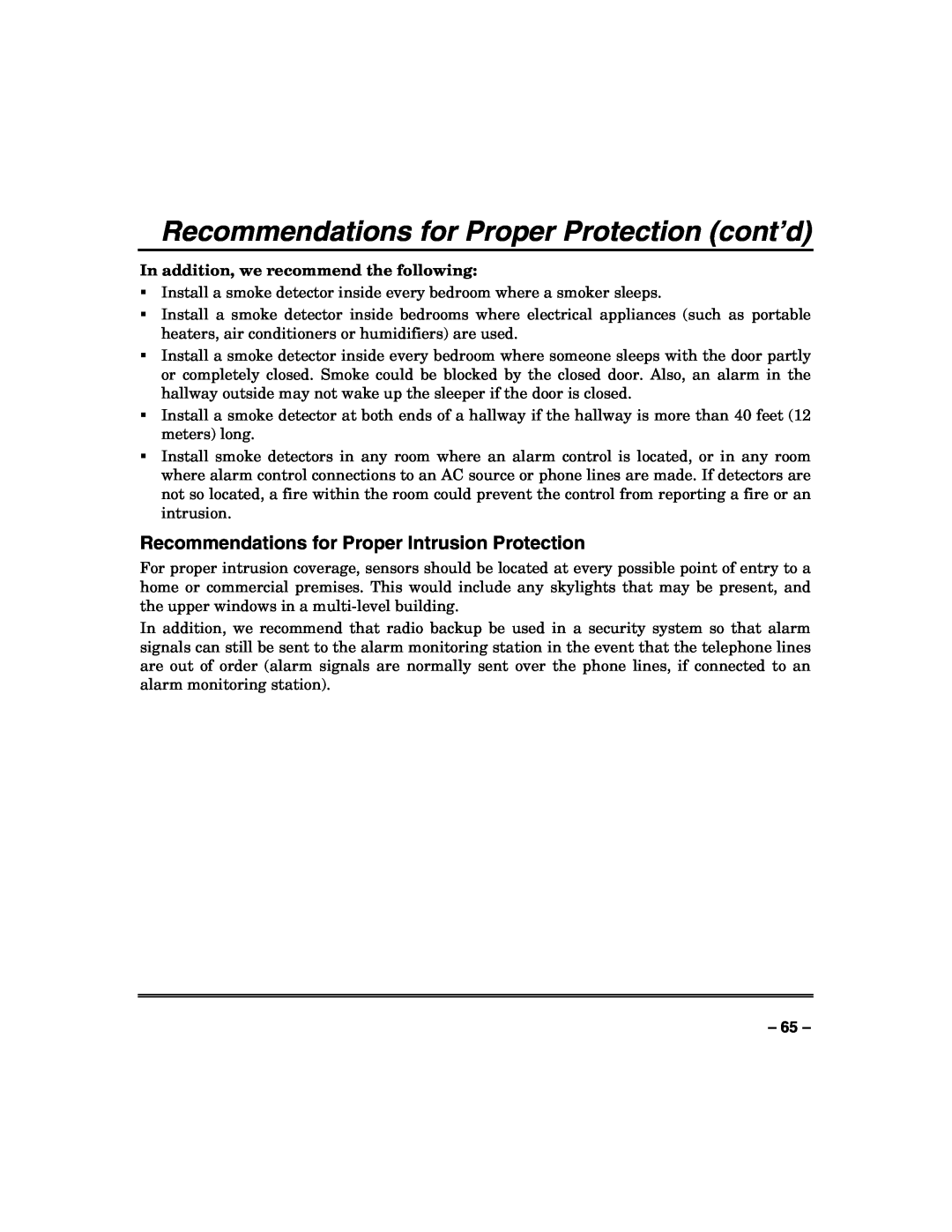 Honeywell 128BPTSIA manual Recommendations for Proper Protection cont’d, Recommendations for Proper Intrusion Protection 