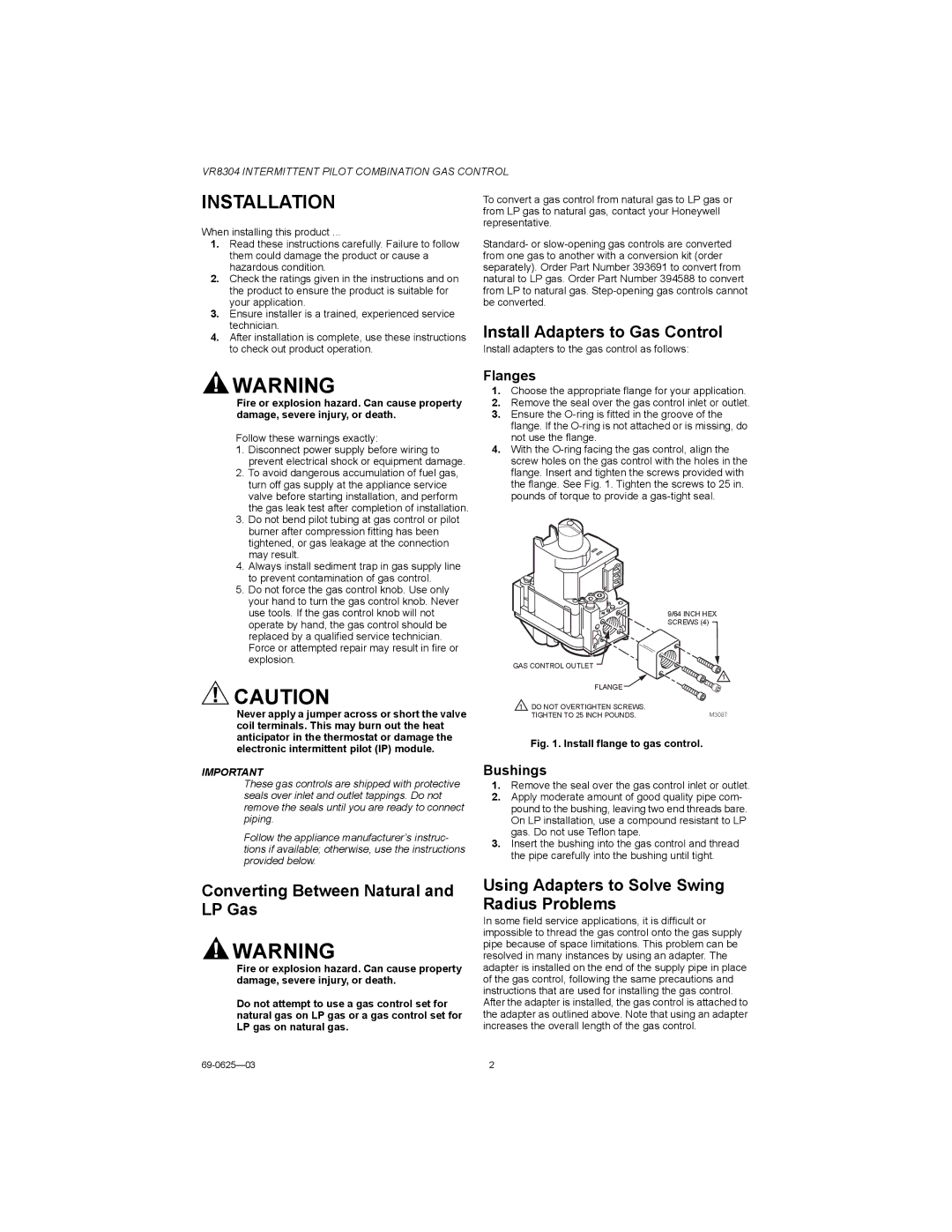 Honeywell VR8304 Installation, Install Adapters to Gas Control, Converting Between Natural and LP Gas 