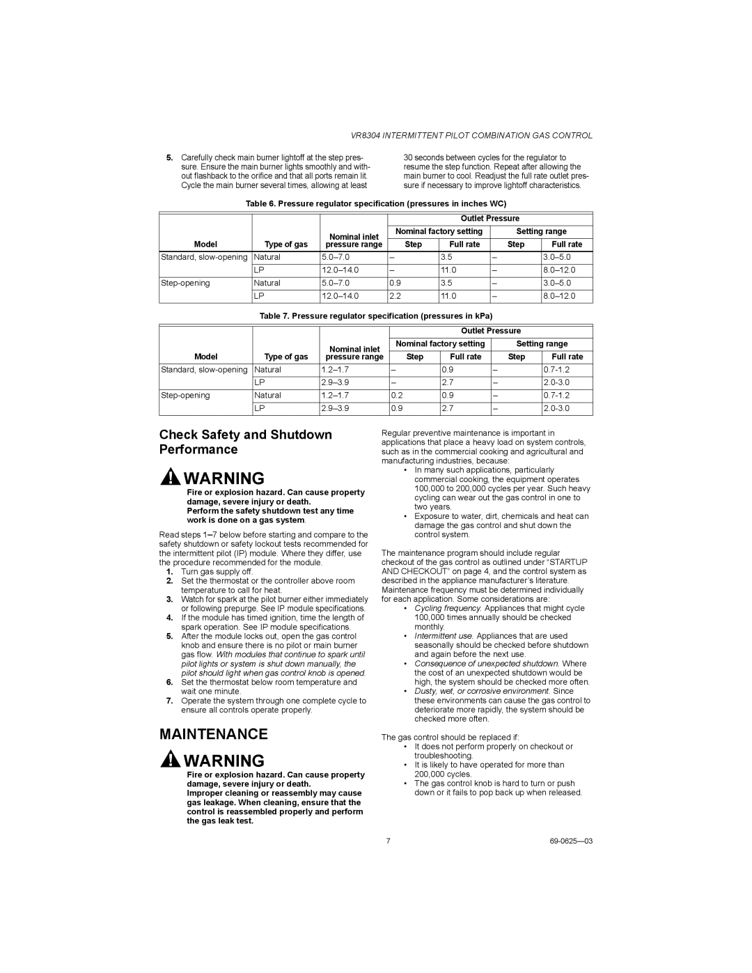 Honeywell VR8304 installation instructions Maintenance, Check Safety and Shutdown Performance 