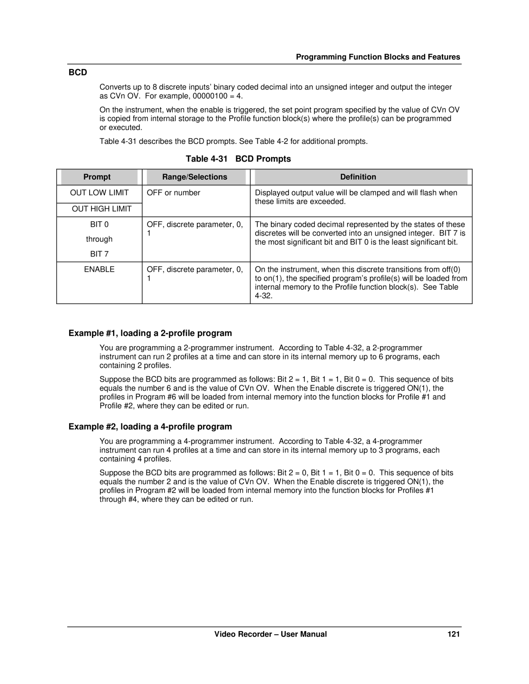 Honeywell VRX180 BCD Prompts, Example #1, loading a 2-profile program, Example #2, loading a 4-profile program, BIT Enable 