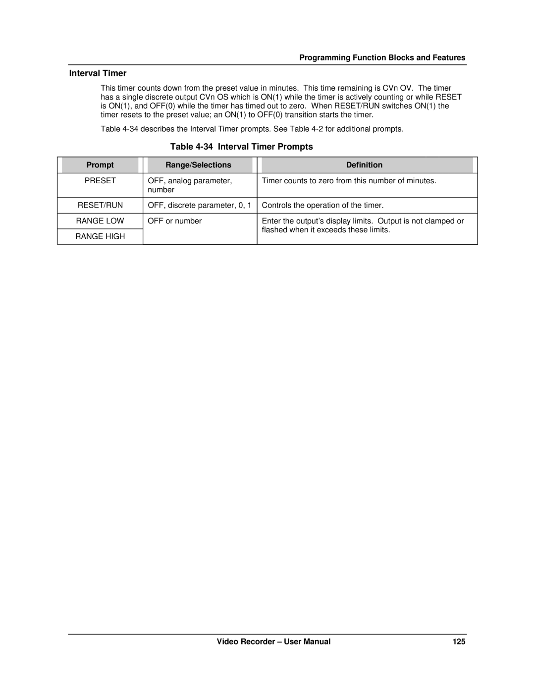 Honeywell VRX180 user manual Interval Timer Prompts, Reset/Run 