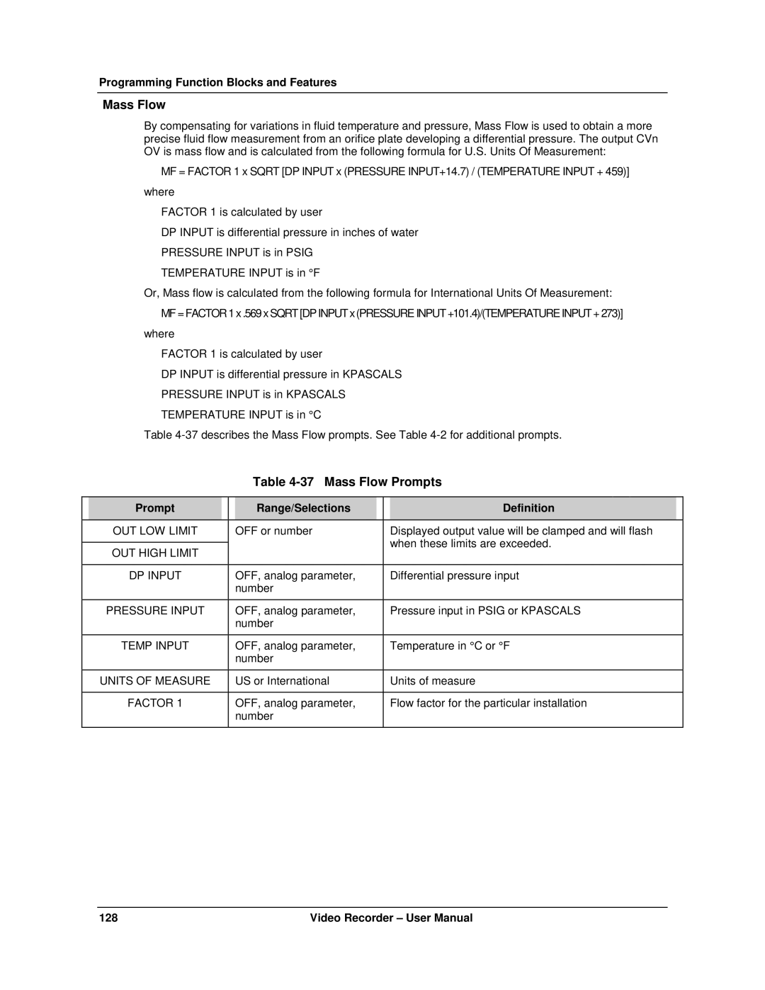 Honeywell VRX180 user manual Mass Flow Prompts 