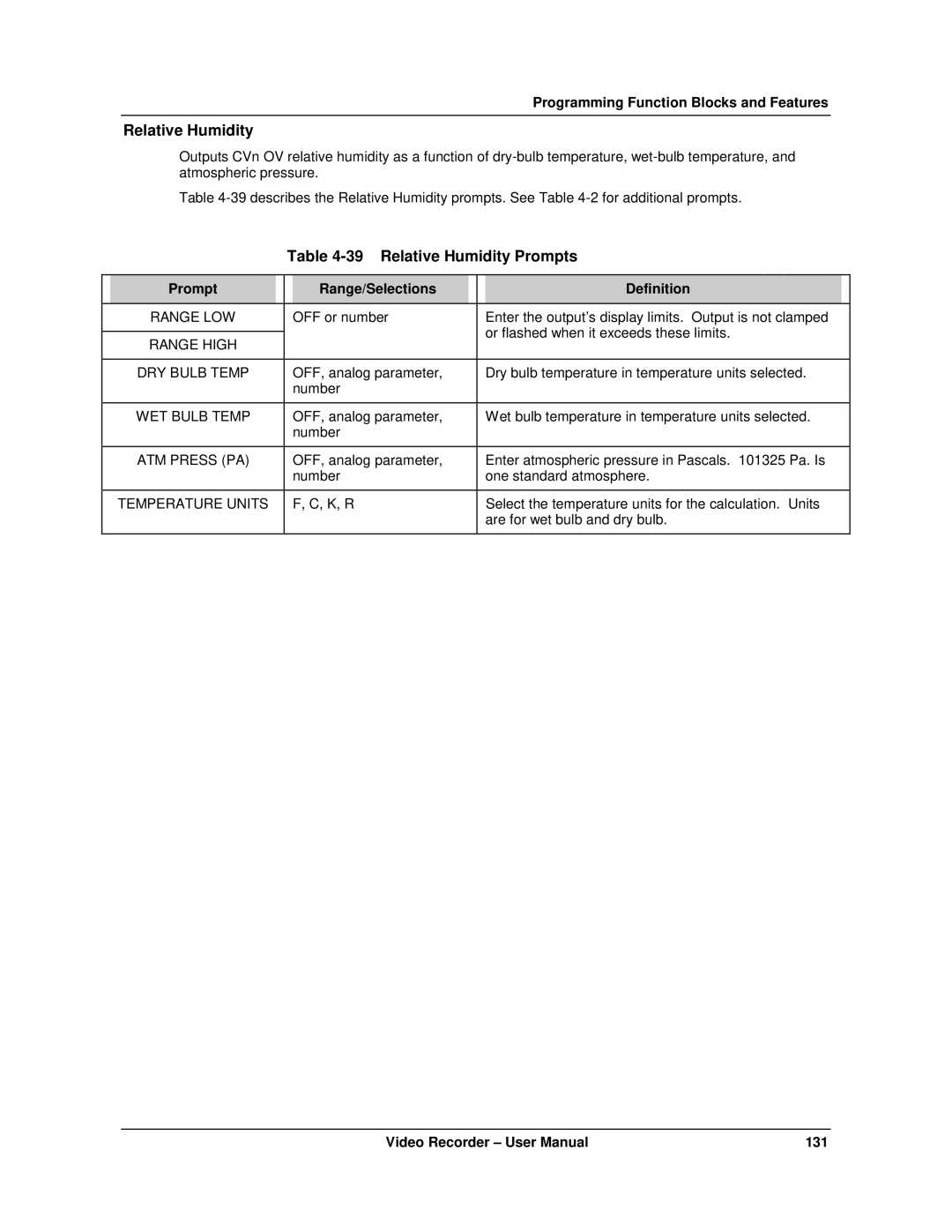 Honeywell VRX180 user manual Relative Humidity Prompts 