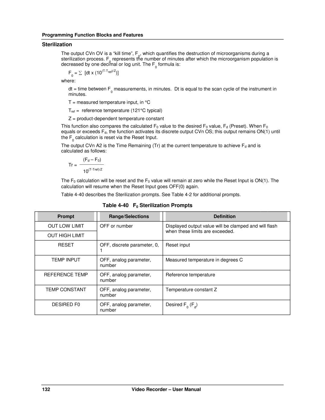 Honeywell VRX180 user manual 40 F0 Sterilization Prompts 